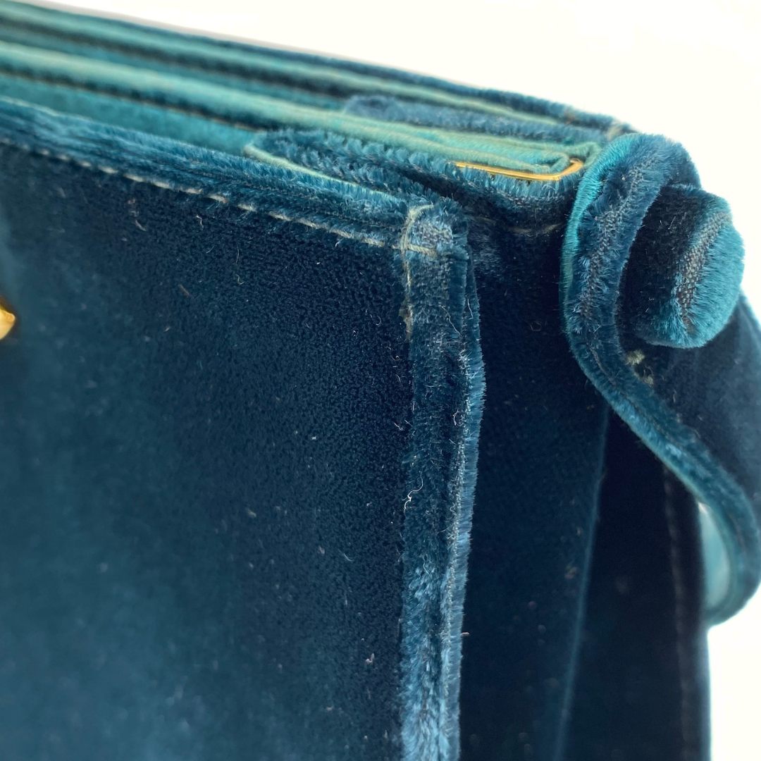 Taiki, 5 Series Turn Lock Green Velvet Top Handle Bucket Bag with seal and card