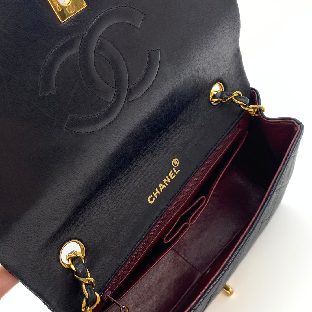 Evadne, 1 Series Small Full Flap Black Lambskin with seal and card