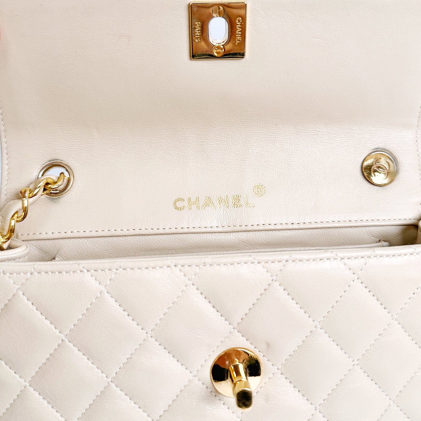 Eiko, Vintage Authentic Chanel 1 series mini matelasse beige lambskin with seal