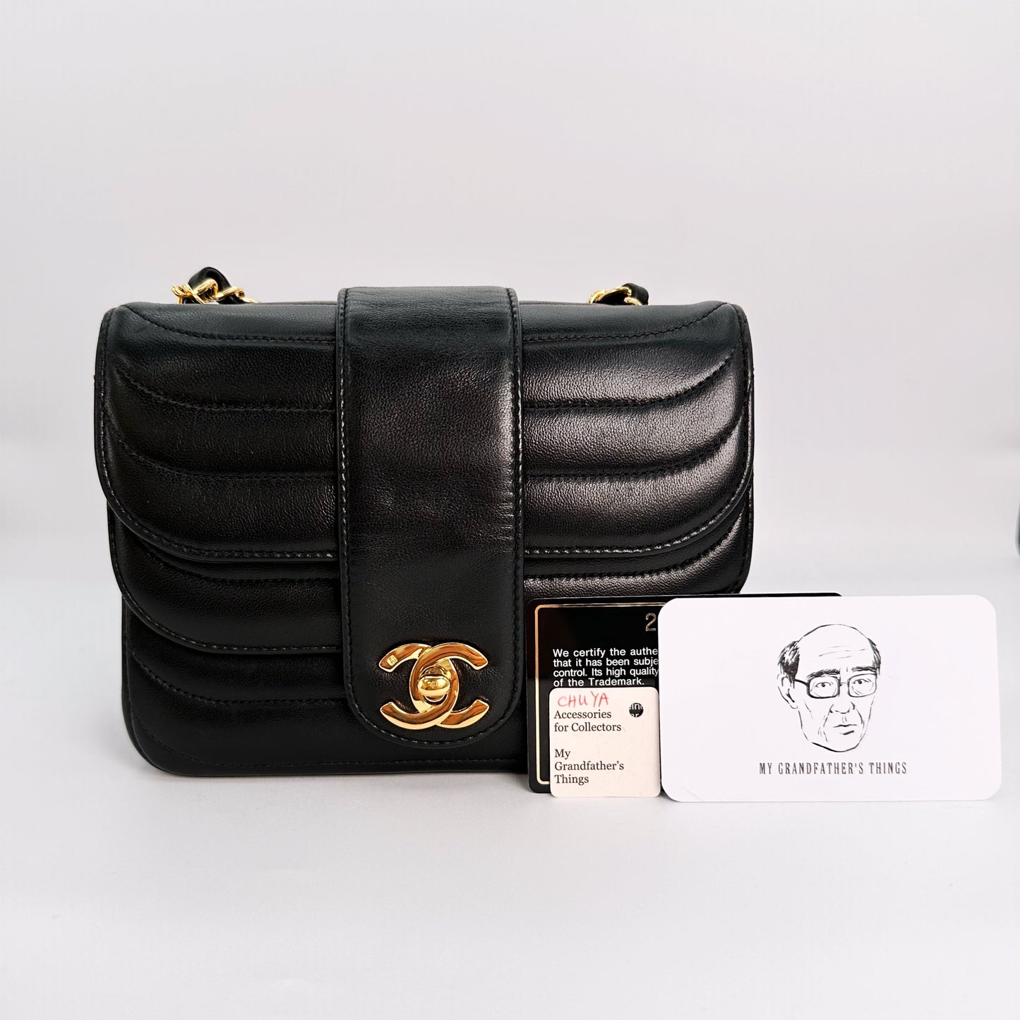 Chuya, Vintage Authentic Chanel 2 series mini 17cm square multi fold chain black lambskin with seal and card