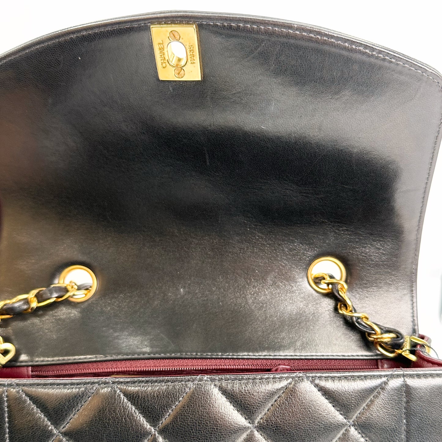 Sumayah, Vintage Authentic Chanel 3 series small black lambskin diana with seal and card