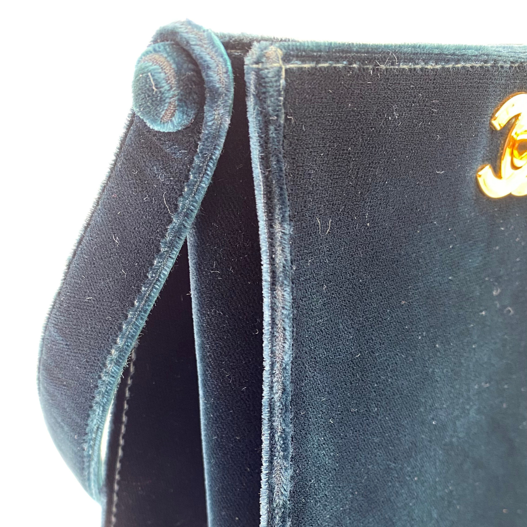 Taiki, 5 Series Turn Lock Green Velvet Top Handle Bucket Bag with seal and card