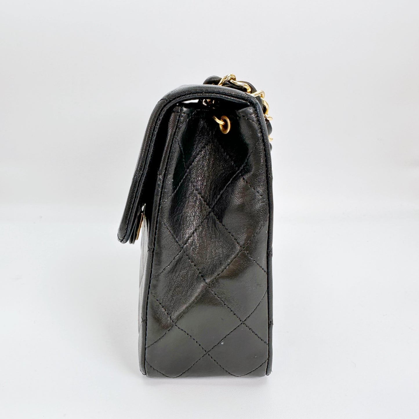 Keira, Vintage Authentic Chanel 1 series 20cm square mini black lambskin with seal and card