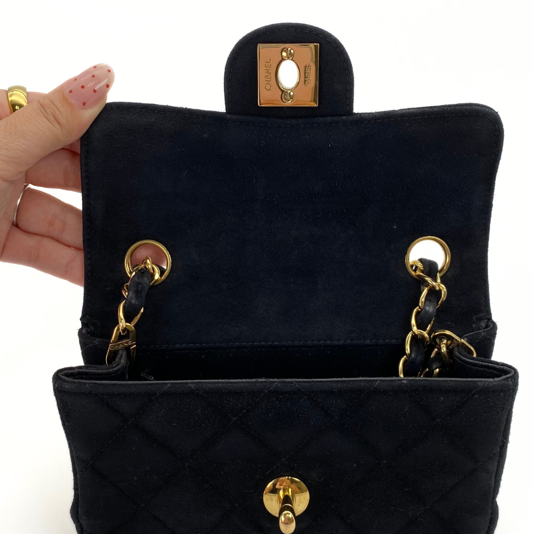 Yukina, 7 Series Mini Matelasse Black Suede Gold Hardware with seal only