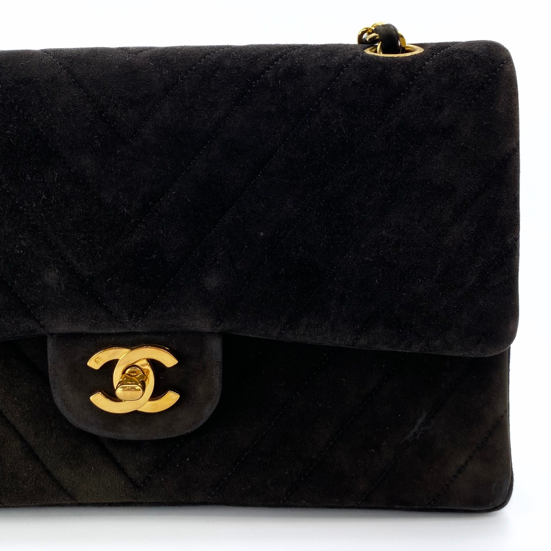 Jiho, 1 Series Medium Classic Flap Chevron Black Suede with seal and card