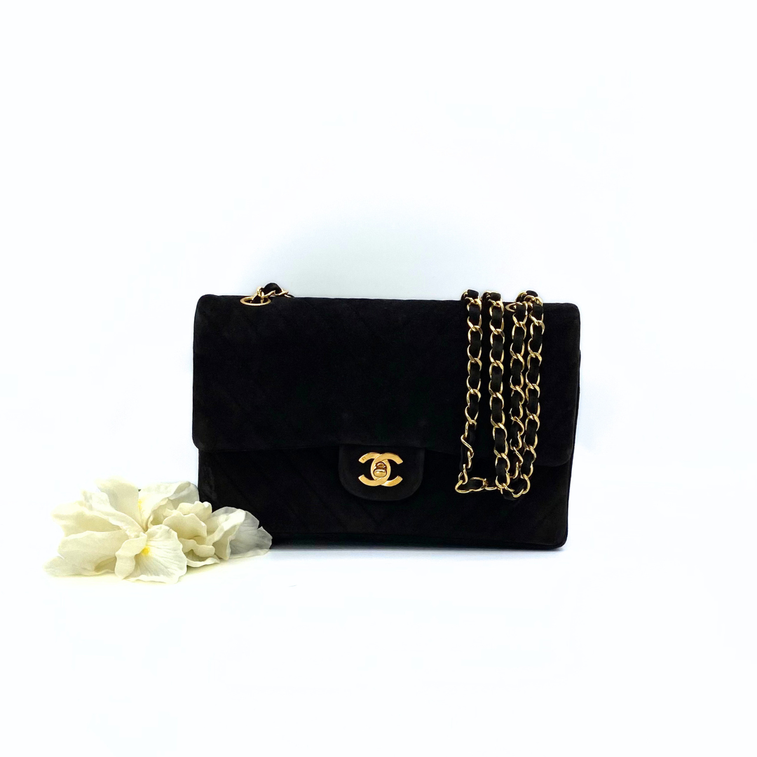 Jiho, 1 Series Medium Classic Flap Chevron Black Suede with seal and card