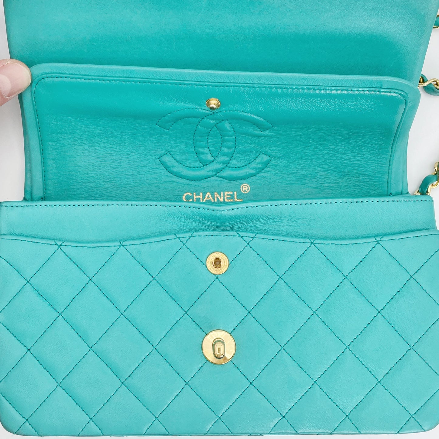 Nikko, Vintage Authentic Chanel 1 series small classic flap turquoise lambskin with seal