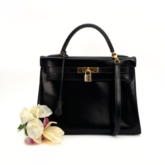 Malin, 1966 Kely 32 Retourne Black Boxcalf with stamp V