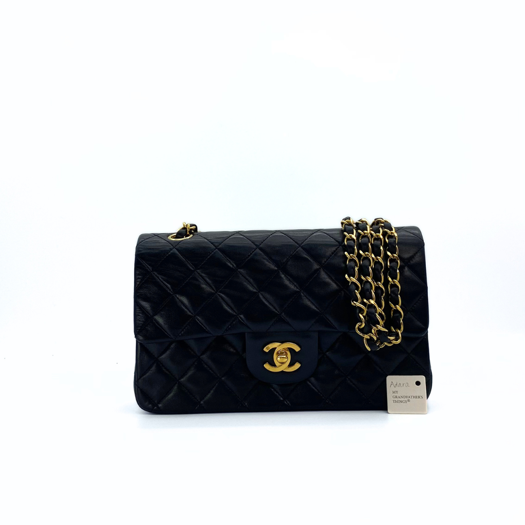Adara, 3 Series Small Classic Flap Black Lambskin with seal and card