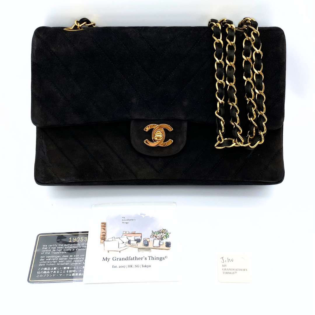 Jiho, 1 Series Medium Classic Flap Chevron Black Suede with seal and card