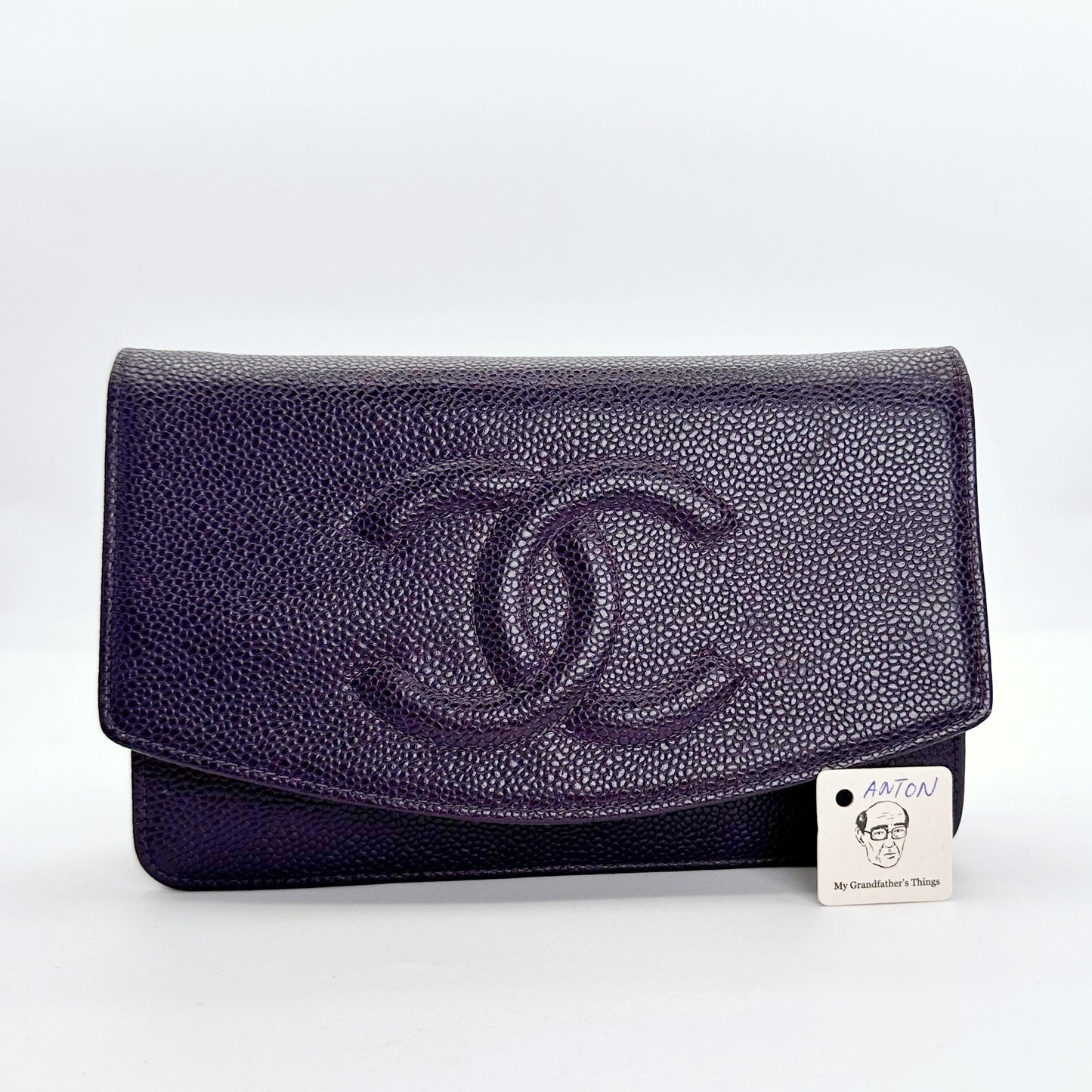 Anton, Vintage Authentic Chanel 6 series chain wallet purple caviar with seal