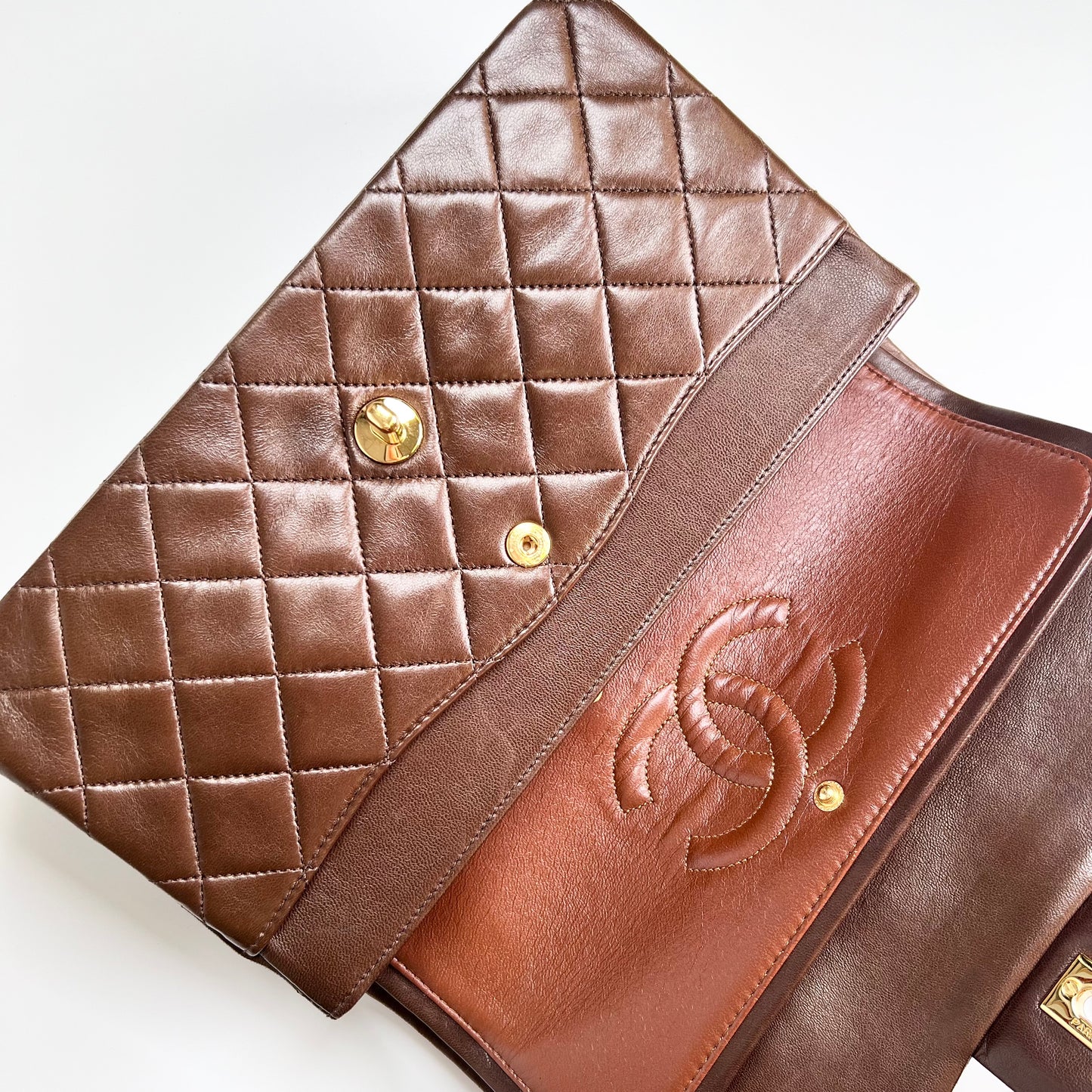 Bracha, Vintage Authentic Chanel 1 series medium brown lambskin classic flap with seal and card