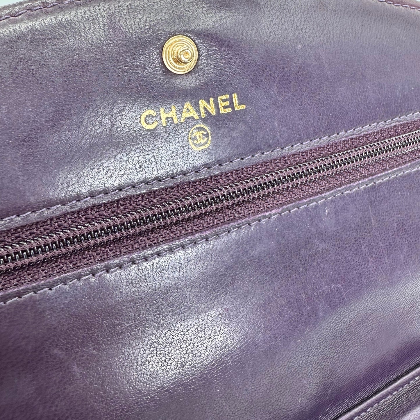 Anton, Vintage Authentic Chanel 6 series chain wallet purple caviar with seal