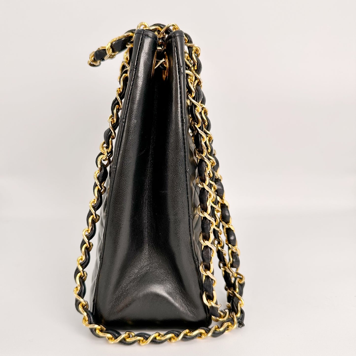 Shermaine, Vintage Authentic Chanel 0 series chain tote black lambskin with seal