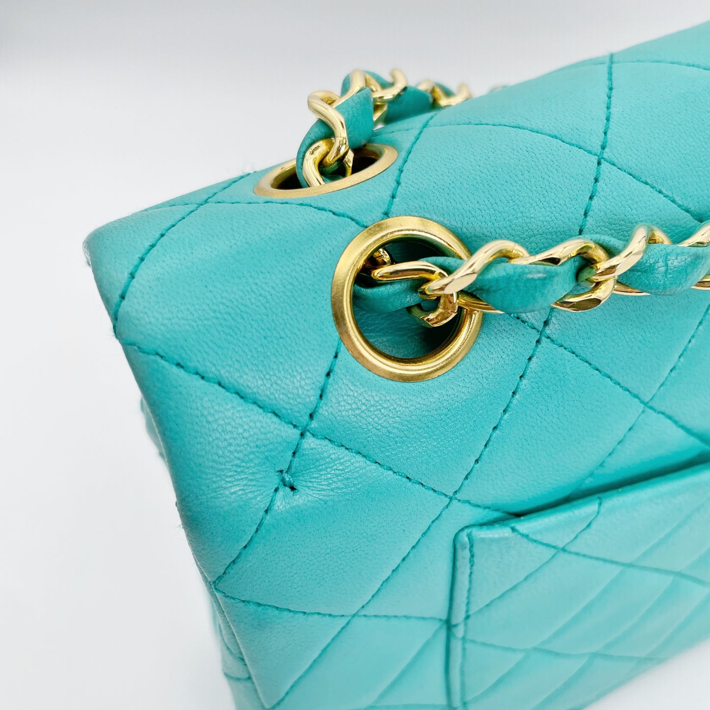 Nikko, Vintage Authentic Chanel 1 series small classic flap turquoise lambskin with seal