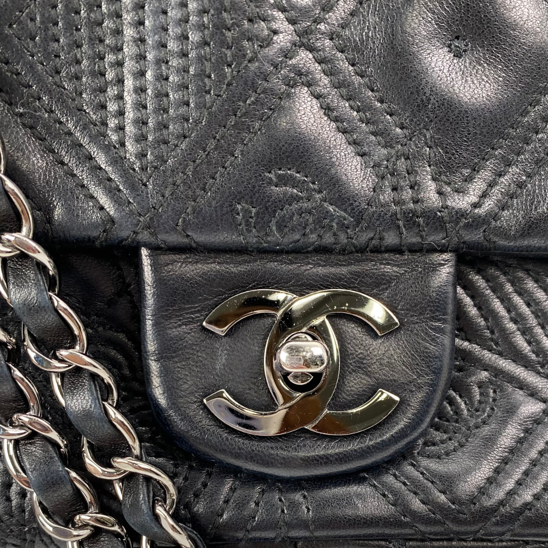 Ruelle, 10 Series Camellia Icon Motif Black Lambskin with seal only