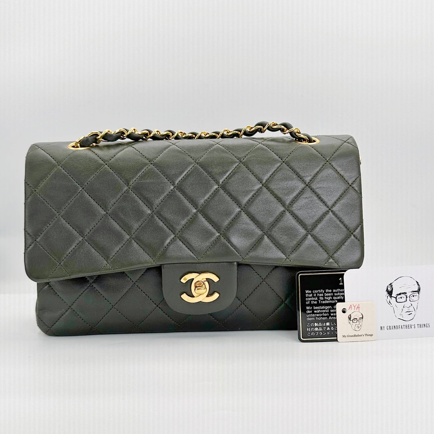 Aya, Vintage Authentic Chanel 1 series medium classic flap khaki lambskin with seal and card