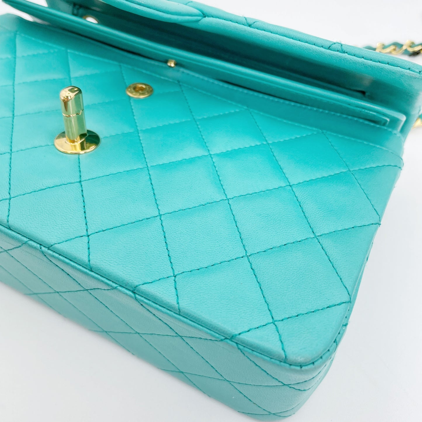 Nikko, Vintage Authentic Chanel 1 series small classic flap turquoise lambskin with seal