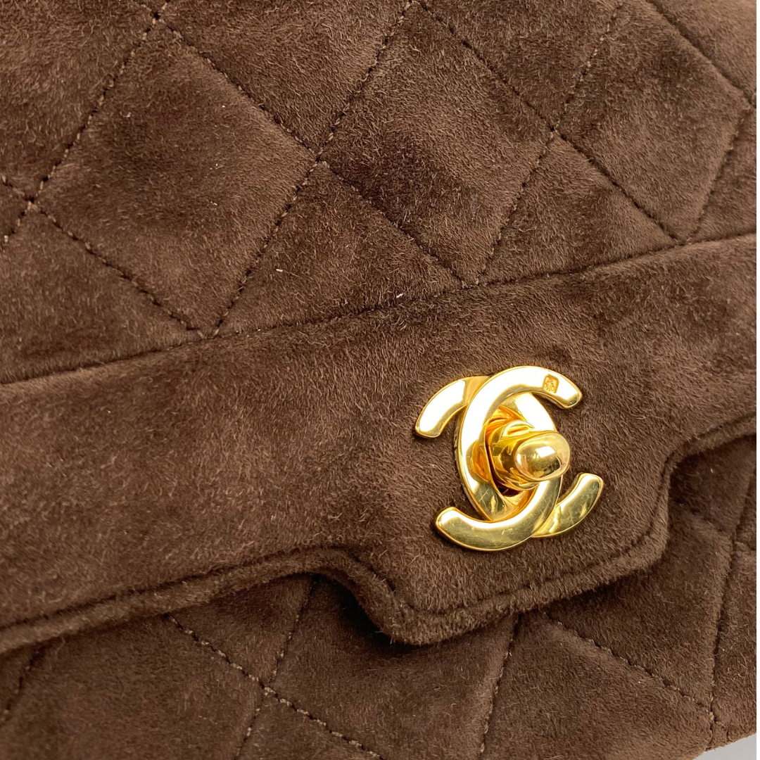 Vesper, 1 Series Mini Matelasse Bijou Chain Brown Suede Gold Hardware with seal only