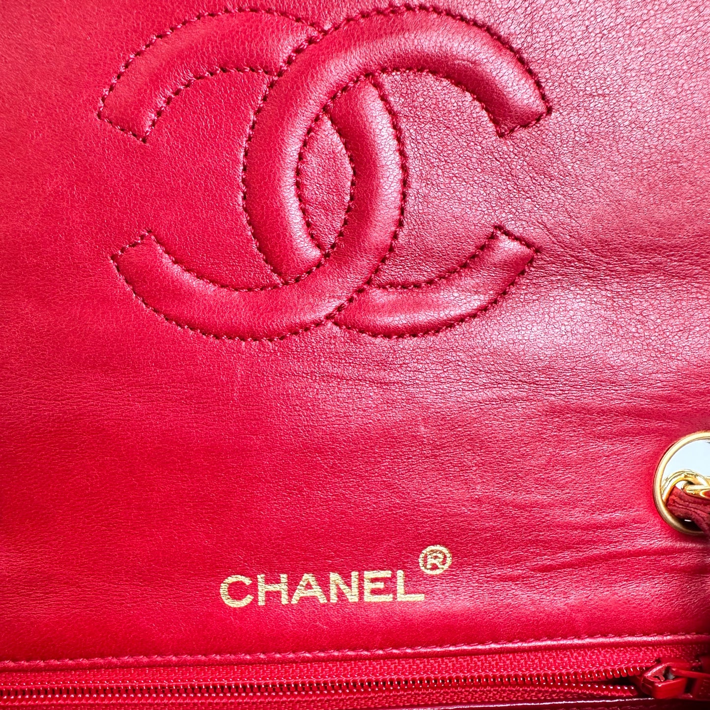 Chou, Vintage Authentic Chanel 1 series 17cm square mini red lambskin with seal