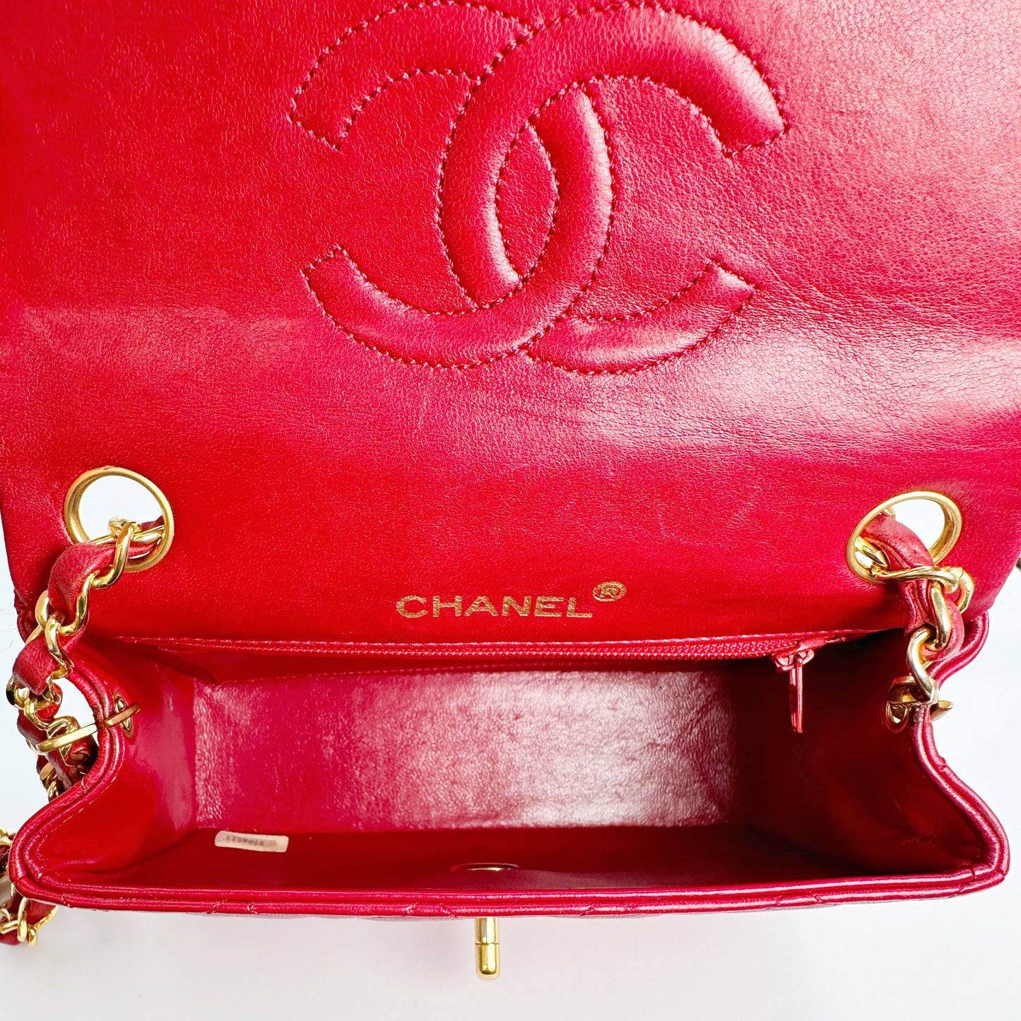 Chou, Vintage Authentic Chanel 1 series 17cm square mini red lambskin with seal