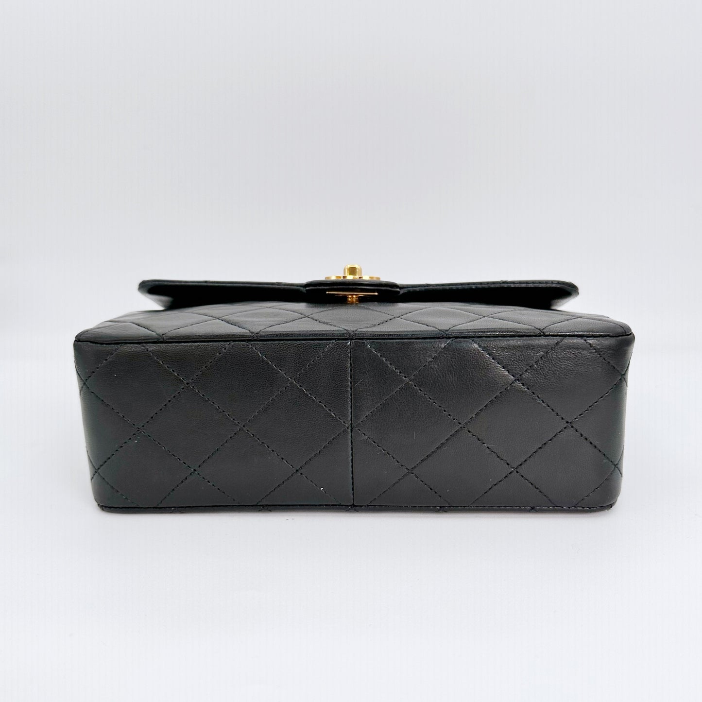 Keira, Vintage Authentic Chanel 1 series 20cm square mini black lambskin with seal and card