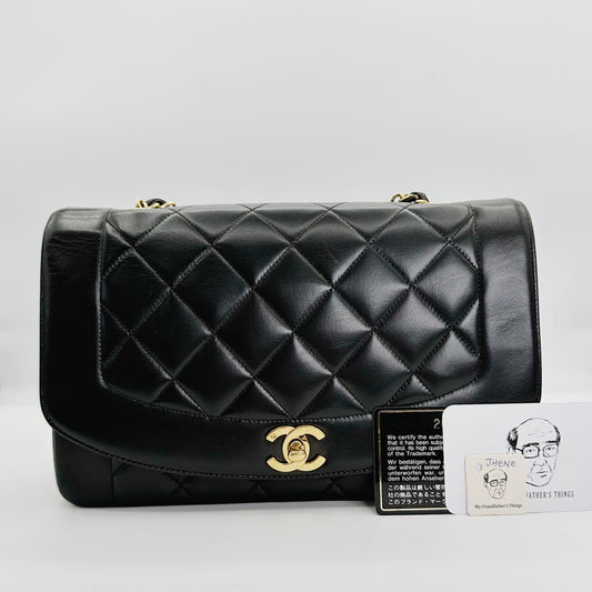 Jhene, Vintage Authentic Chanel 2 series medium black lambskin diana with seal and card