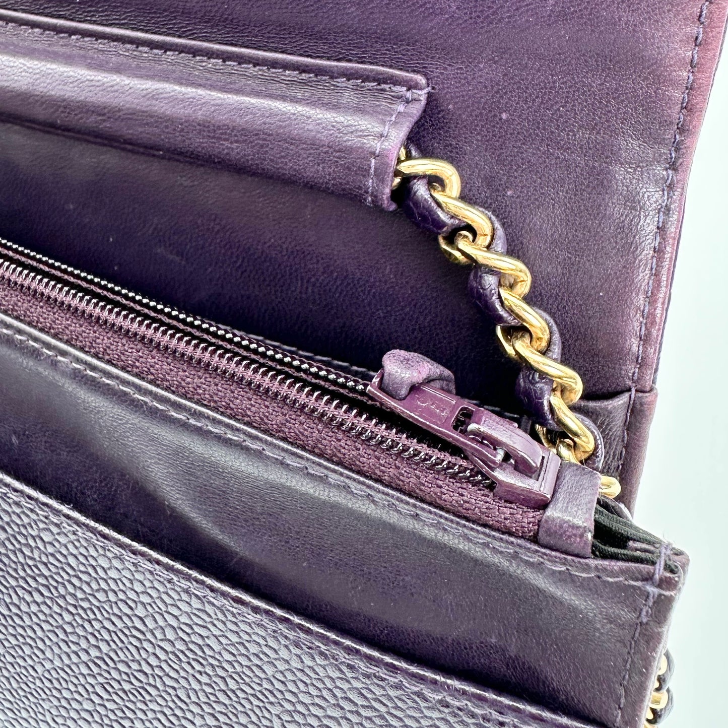 Anton, Vintage Authentic Chanel 6 series chain wallet purple caviar with seal