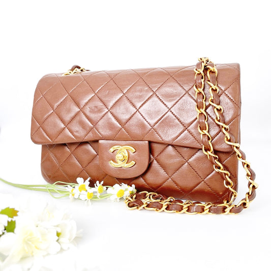 Honesty, Vintage Authentic Chanel 3 series small classic flap caramel lambskin with seal and card