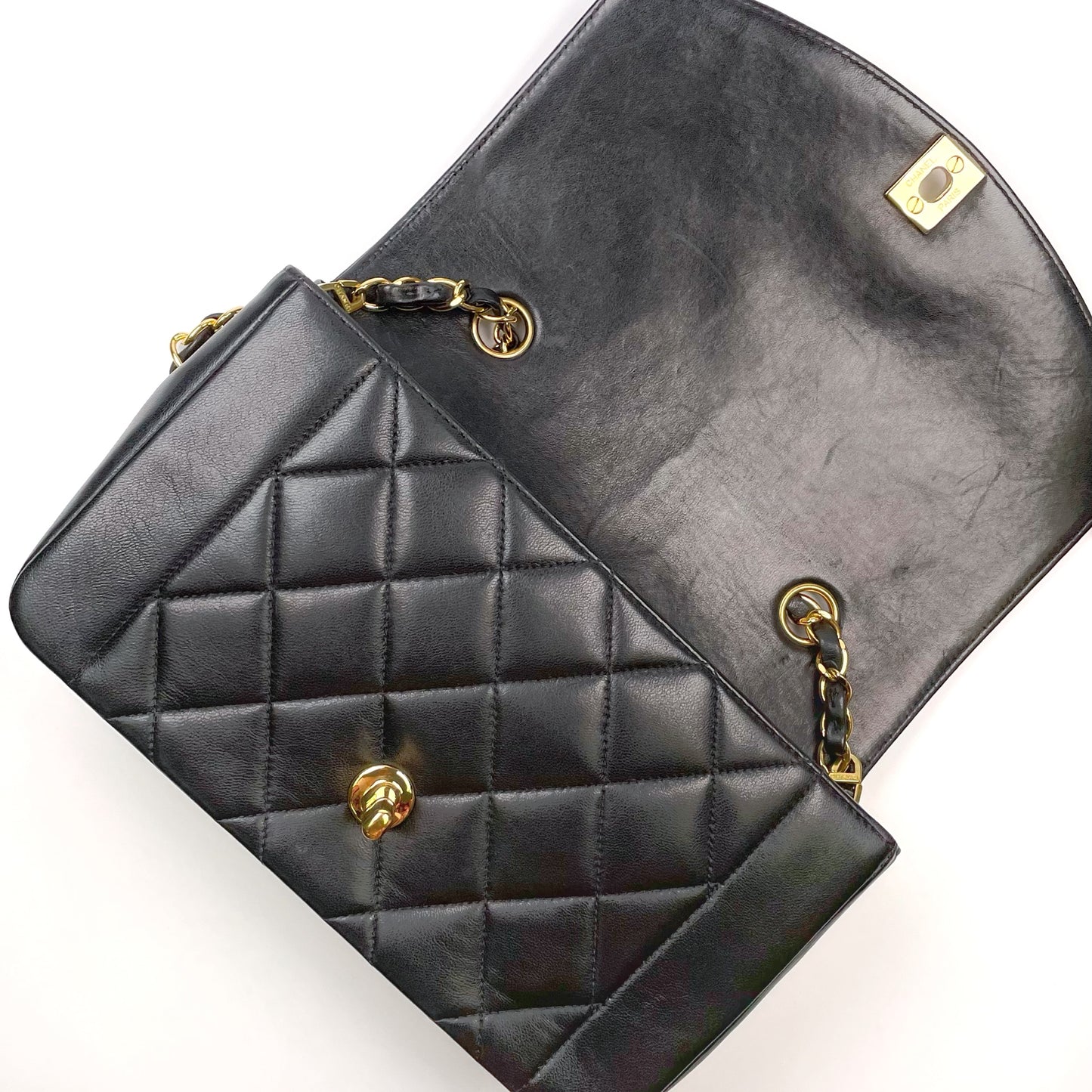 Henson, Vintage Authentic Chanel 4 series small black lambskin Diana with seal and card