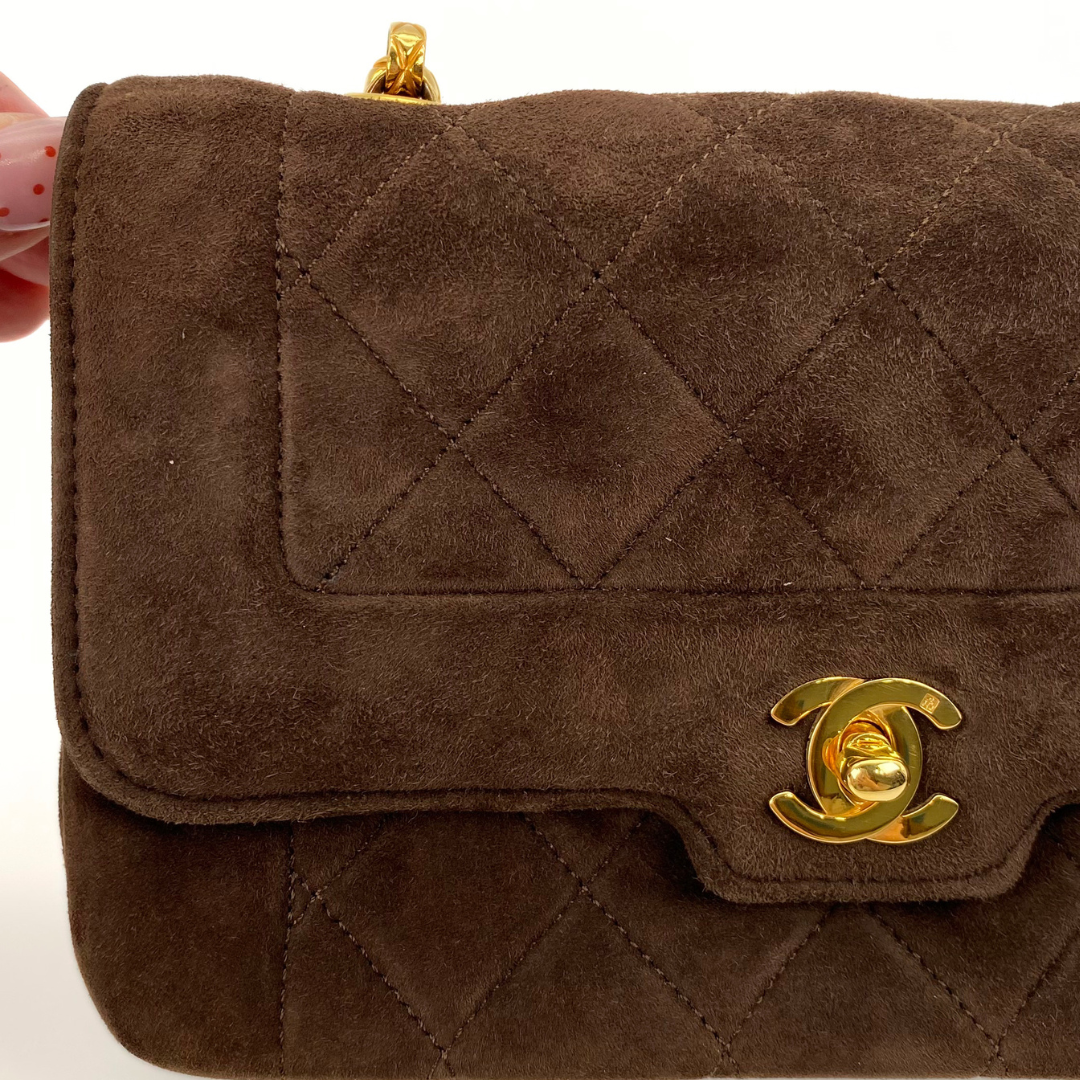 Vesper, 1 Series Mini Matelasse Bijou Chain Brown Suede Gold Hardware with seal only