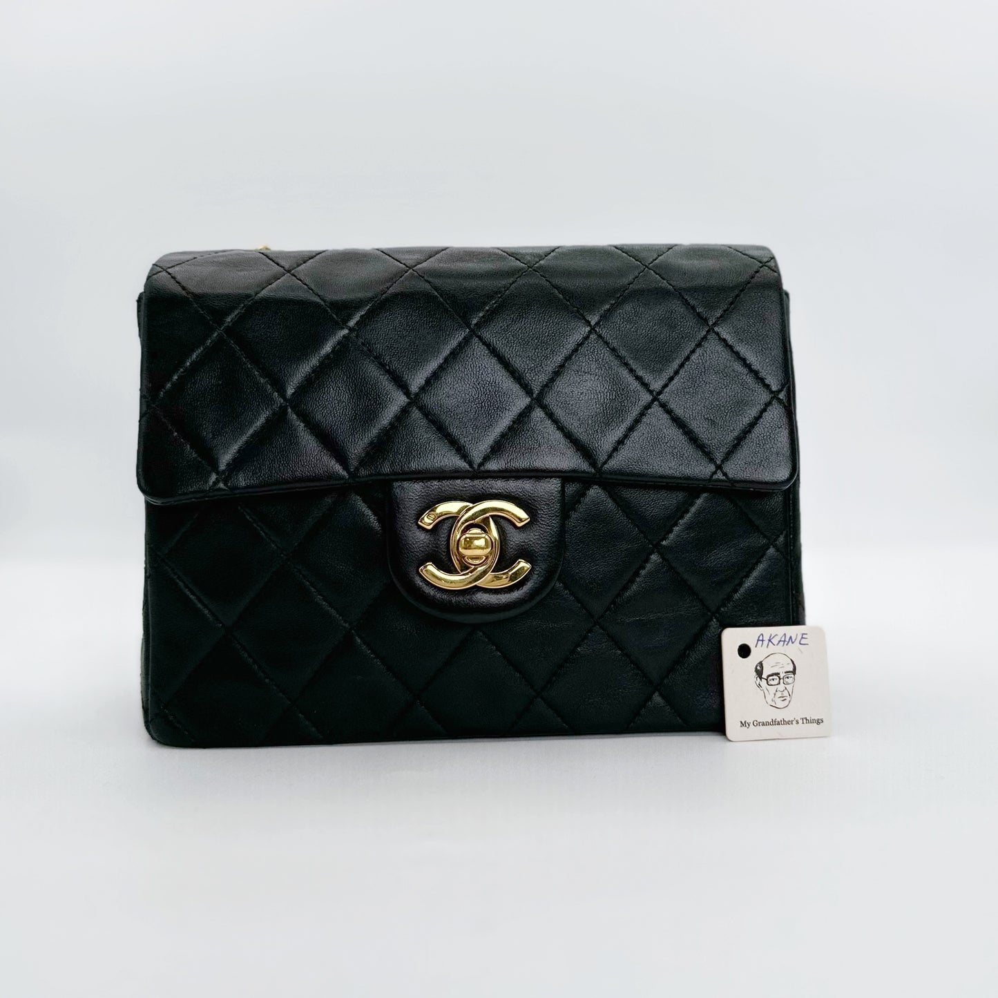 Akane, Vintage Authentic Chanel 0 series 17cm mini square black lambskin with seal