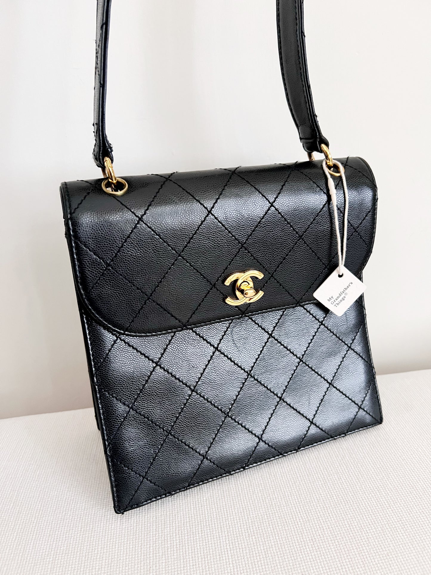 Akira, Vintage Authentic Chanel 5 series black caviar wild stitch hobo bag with seal and card