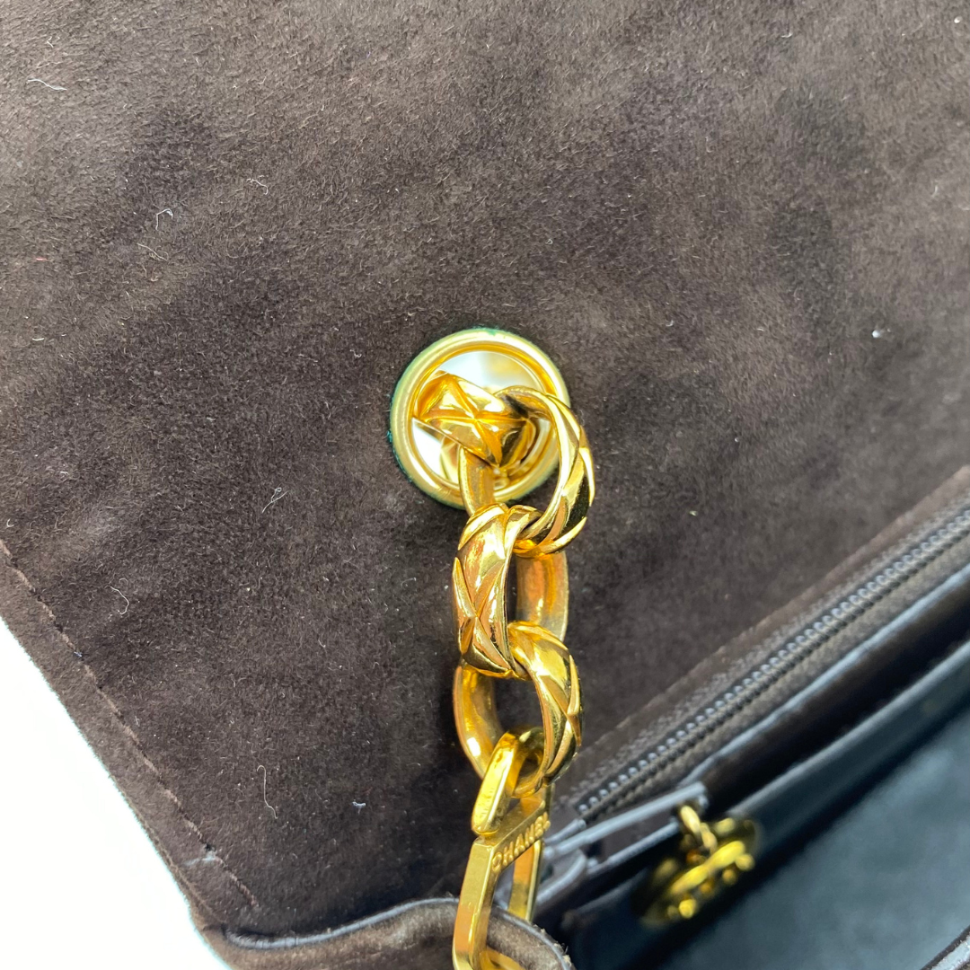 Vesper, 1 Series Mini Matelasse Bijou Chain Brown Suede Gold Hardware with seal only
