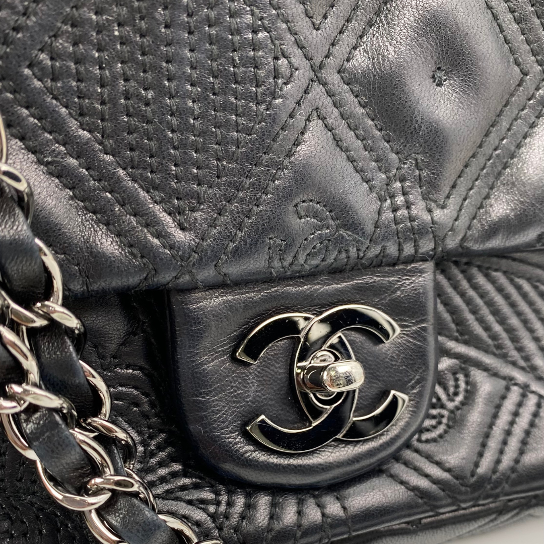 Ruelle, 10 Series Camellia Icon Motif Black Lambskin with seal only