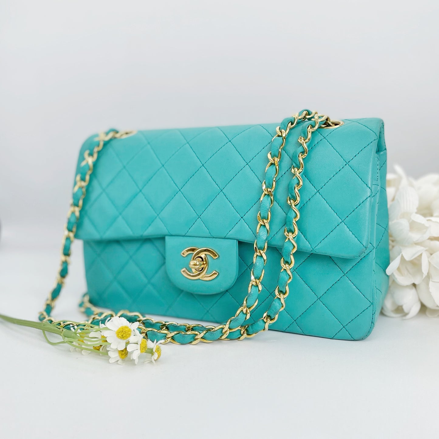 Nikko, Vintage Authentic Chanel 1 series small classic flap turquoise lambskin with seal