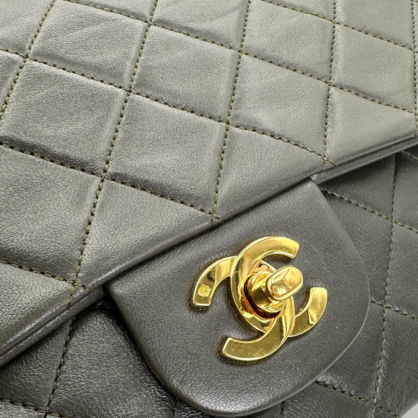 Aya, Vintage Authentic Chanel 1 series medium classic flap khaki lambskin with seal and card