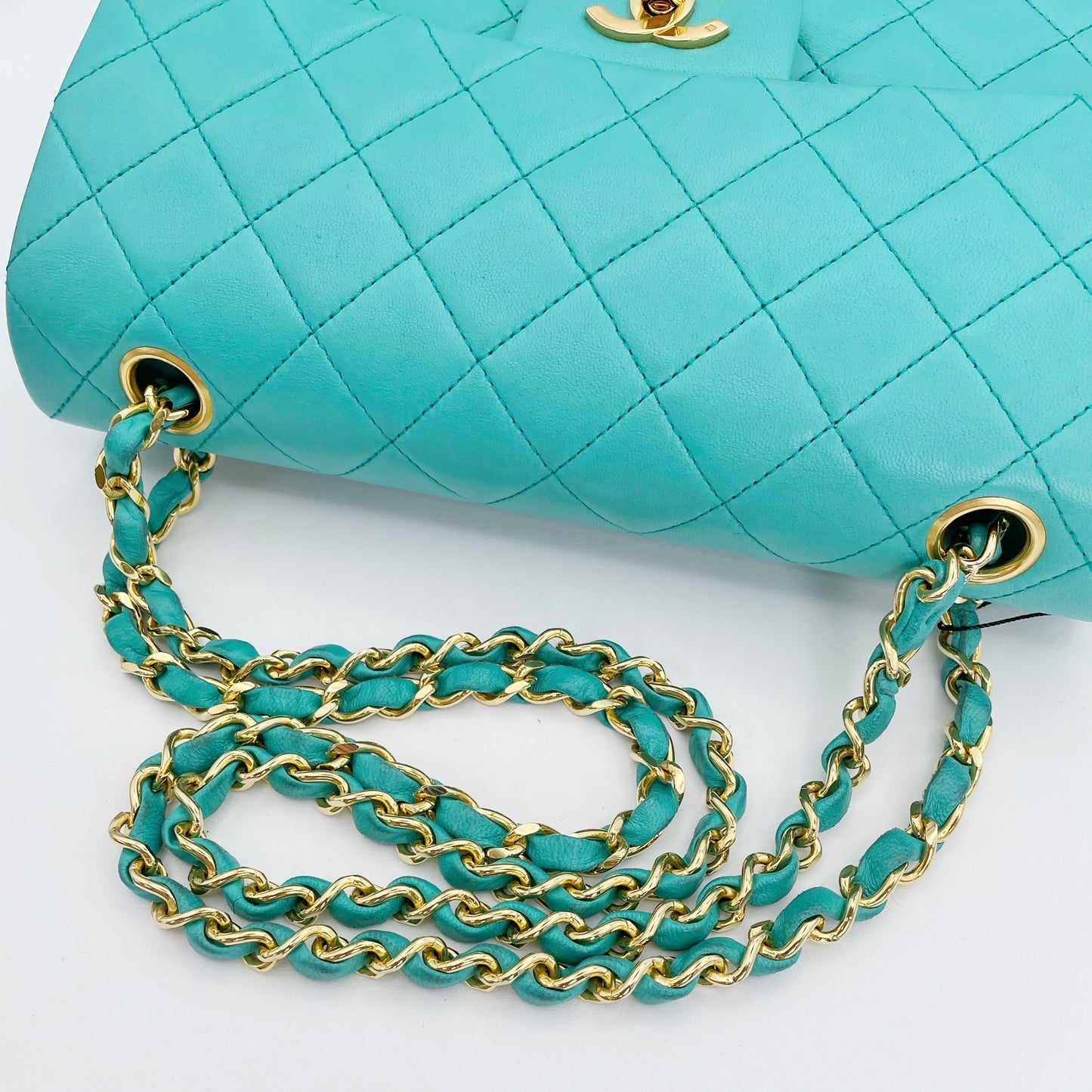 Nikko, Vintage Authentic Chanel 1 series small classic flap turquoise lambskin with seal