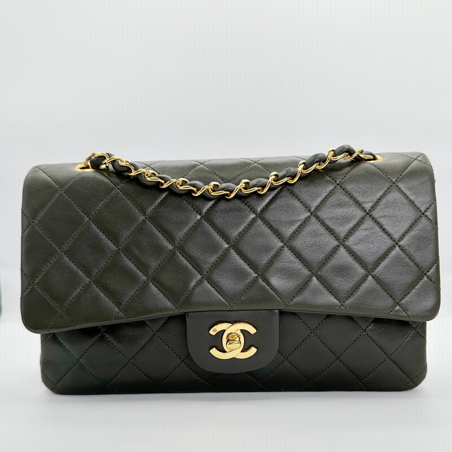 Aya, Vintage Authentic Chanel 1 series medium classic flap khaki lambskin with seal and card