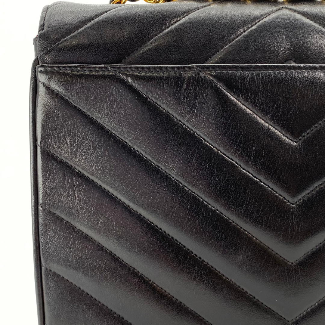 Eunho, 2 Series Single Flap Chevron Black Lambskin with seal and card