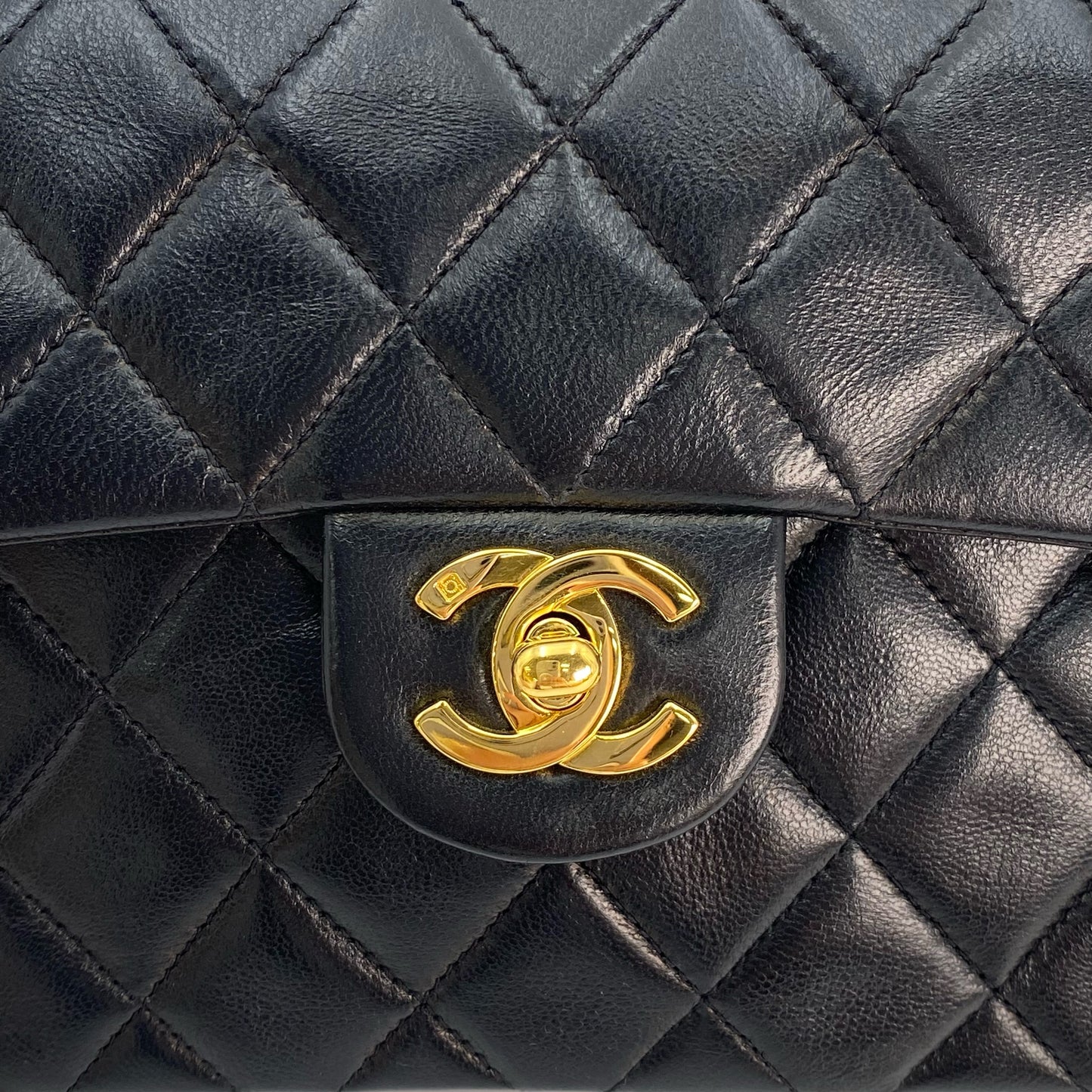 Kerobin, Vintage Authentic Chanel 3 series square mini 17cm black lambskin with seal and card