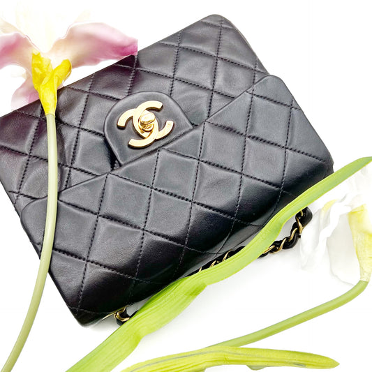 Herbert, Vintage Authentic Chanel 2 series 17cm square mini black lambskin with seal and card