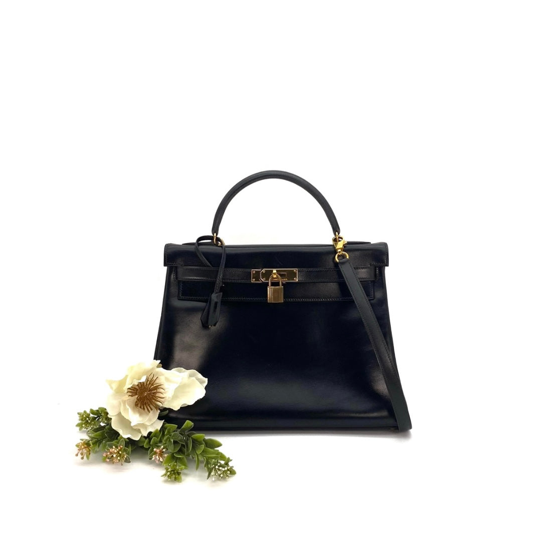 Alza, 1984 Kelly 32 Box Calf Black 2way with stamp 〇N