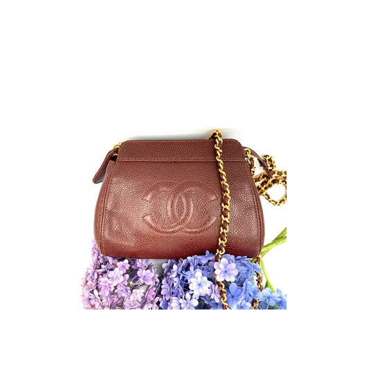 Eljayne, Vintage Authentic Chanel 5 series mini brown caviar "dumpling" with seal and card