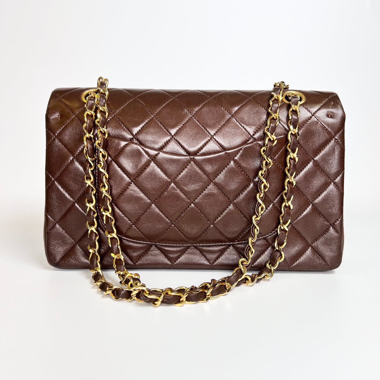 Bracha, Vintage Authentic Chanel 1 series medium brown lambskin classic flap with seal and card