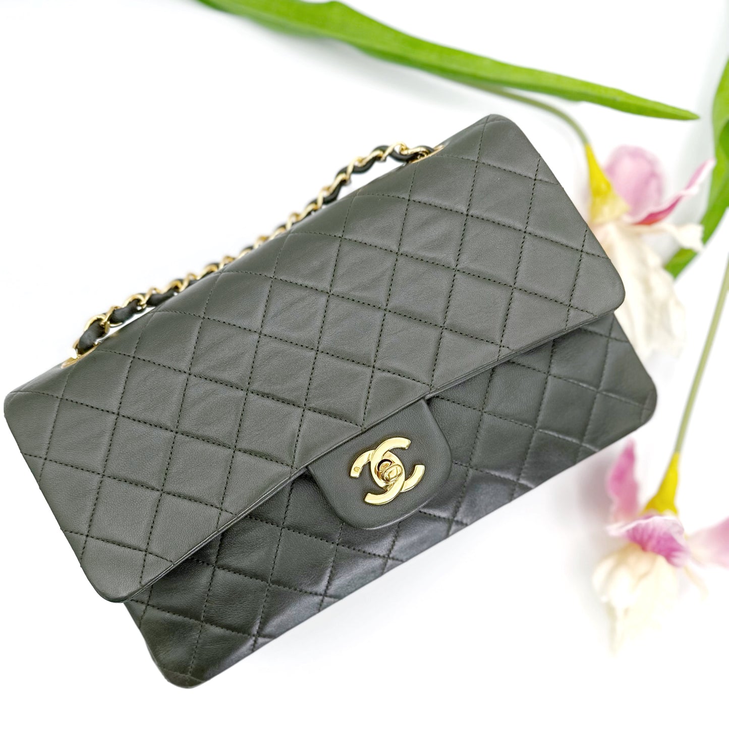 Aya, Vintage Authentic Chanel 1 series medium classic flap khaki lambskin with seal and card