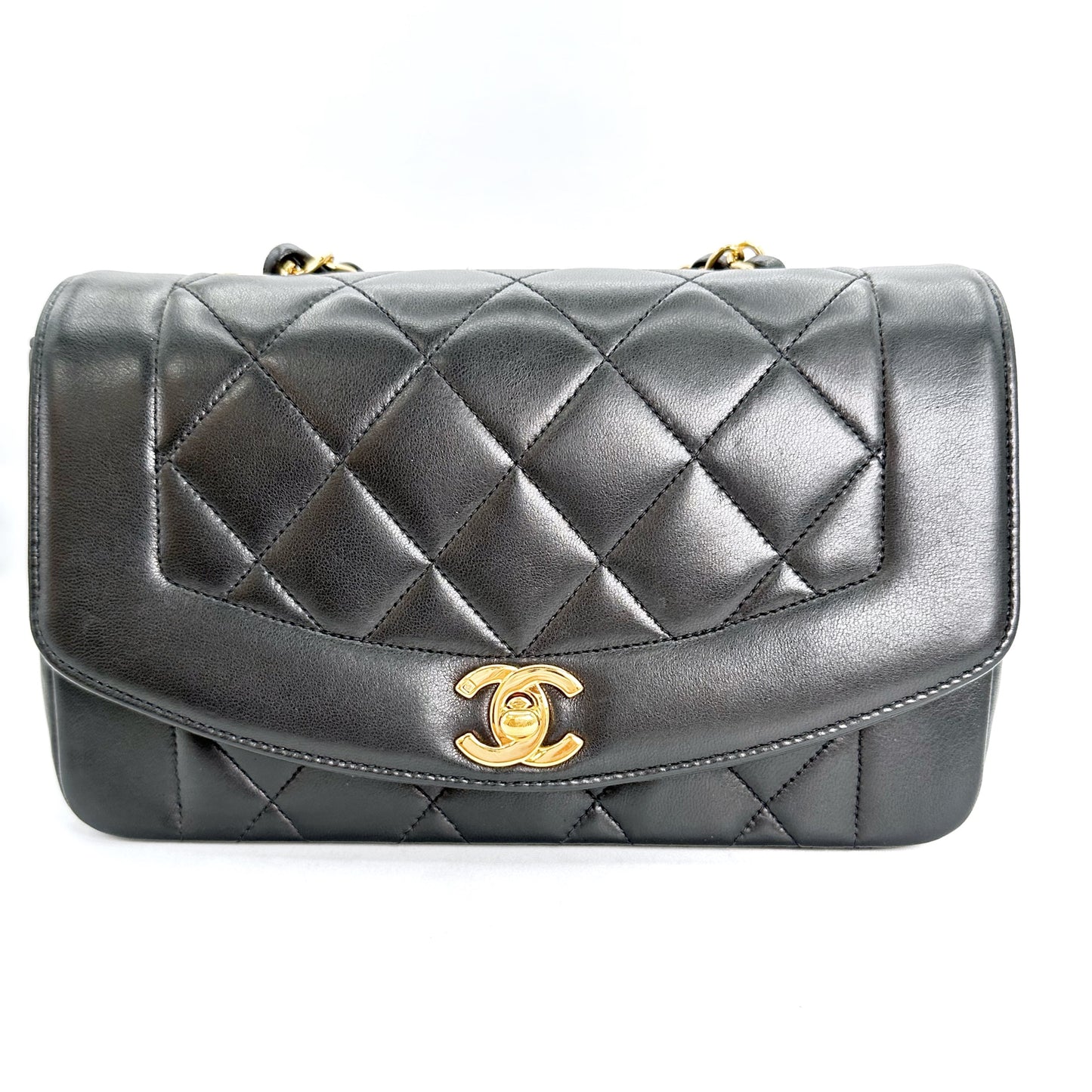 Serene, Vintage Authentic Chanel 4 series small black lambskin diana with seal and card