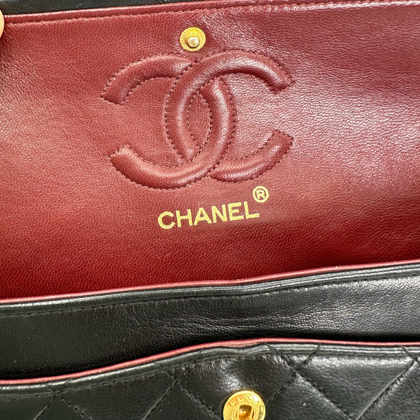 Coleman, Vintage Authentic Chanel 1 series small classic flap black lambskin with seal and card