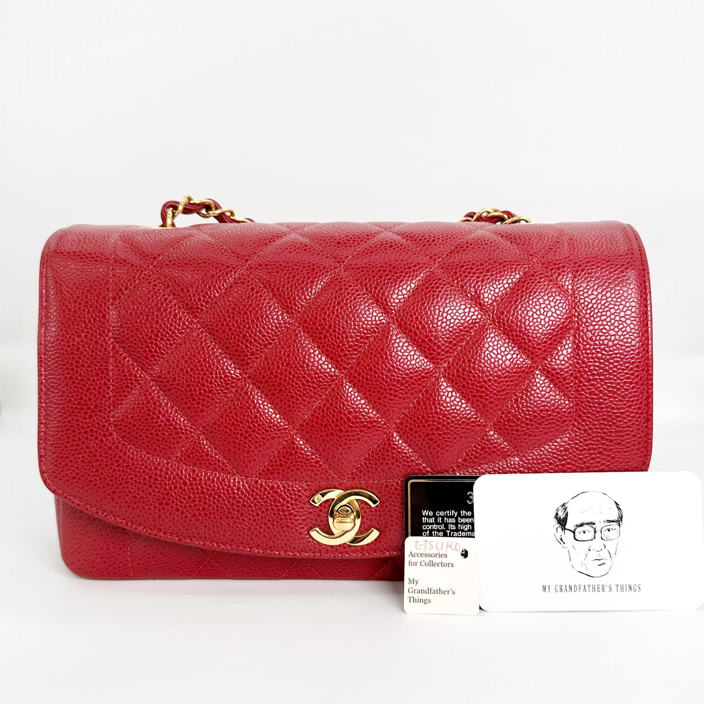 Etsuko, Vintage Authentic Chanel 3 series medium red caviar diana with serial and card