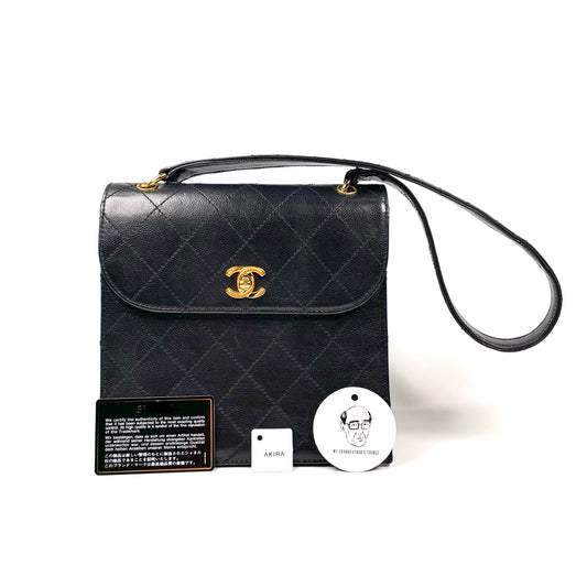 Akira, Vintage Authentic Chanel 5 series black caviar wild stitch hobo bag with seal and card